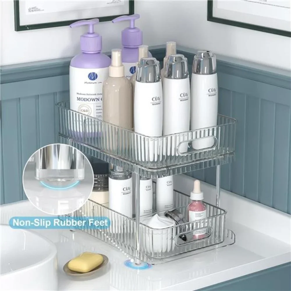 2 Pack Bathroom Cabinet Organizer, 2 Tier Pull Out Clear Under Sink Organizers